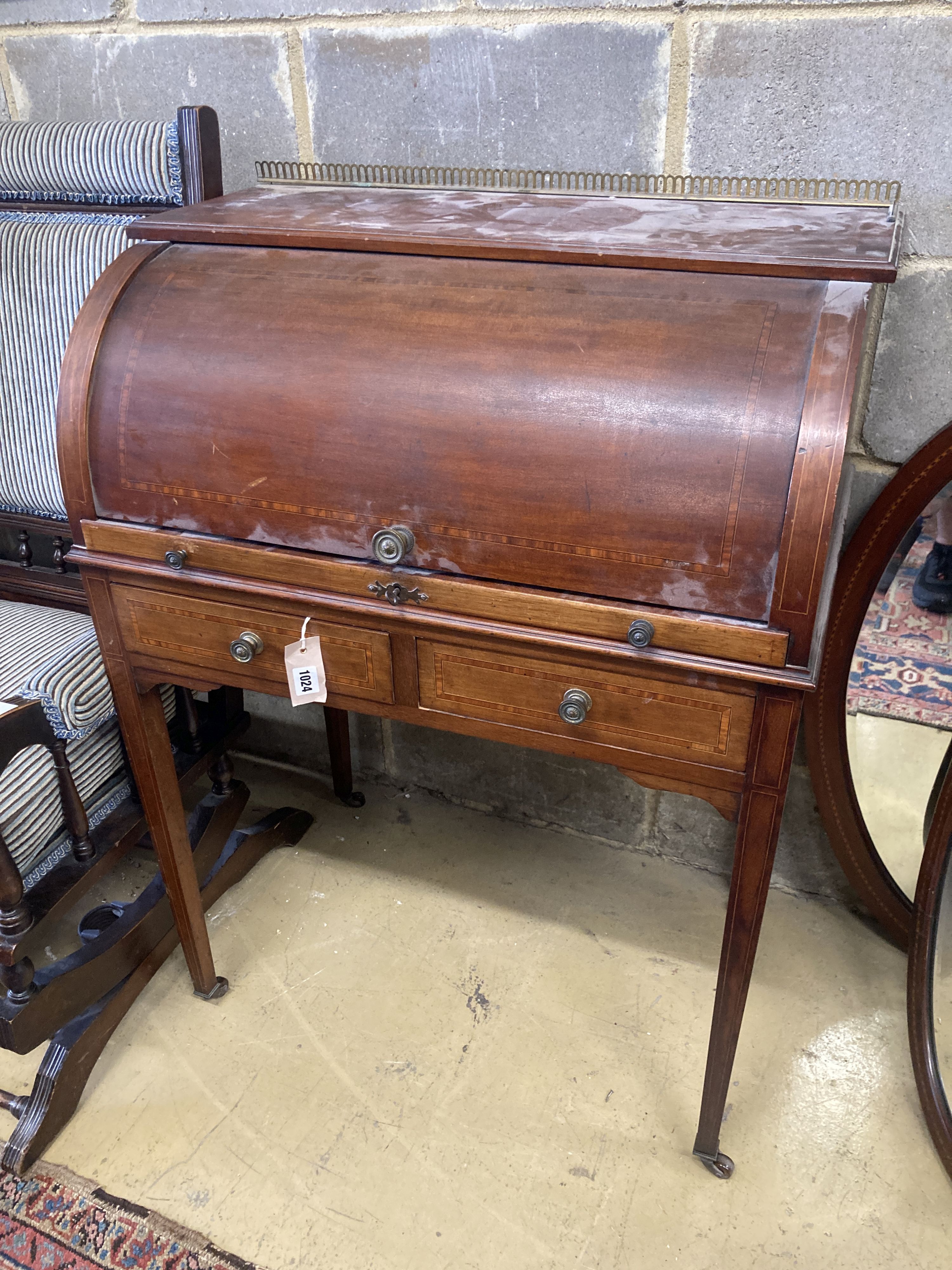 An Edwardian satinwood banded mahogany cylinder bureau, width 75cm, depth 47cm, height 98cm